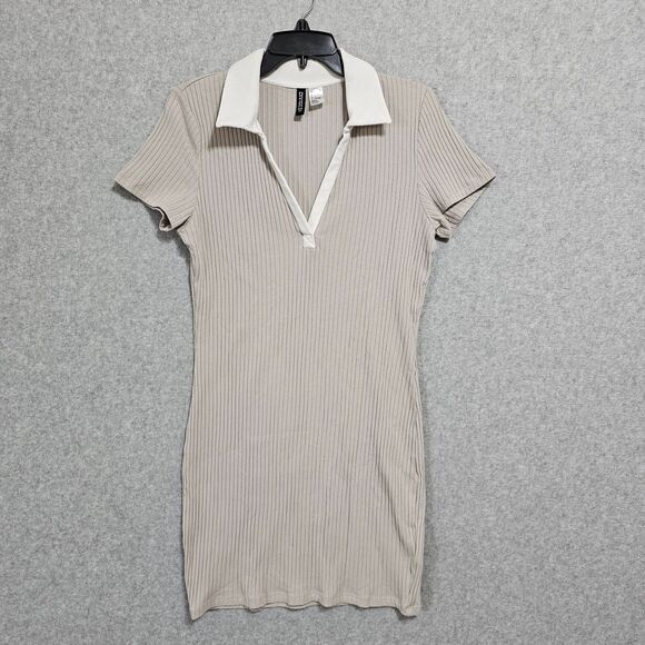 Divided H&M Shirt Dress Size L Short Sleeve Beige Gray Ribbed Below Knee - Picture 1 of 9
